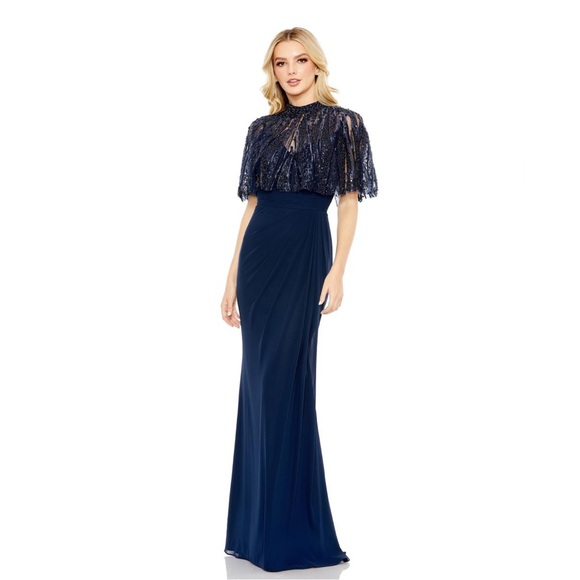 Mac Duggal Dresses & Skirts - MAC DUGGAL A20467 Navy gown with beaded Shaw size 16 NWT